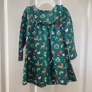 Baby Boden Shady Green Festive Woodland Long Sleeve Ruffle Dress 9-12 Months NWT